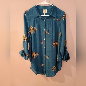 Anthropologie Fig and Flower Women's Green Embroidered Top Roll Tab Rayon L